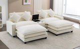 112.6" Chenille Upholstered Sofa with Two Ottomans, Two USB Ports, Two Cup Holders and Large Storage Box - Beige