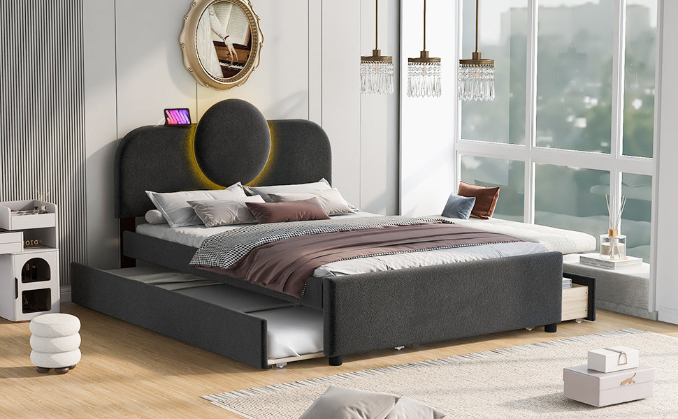 Full Size Upholstered Platform Bed with Multi-functional LED Headboard, Trundle and 2 Drawers, Gray