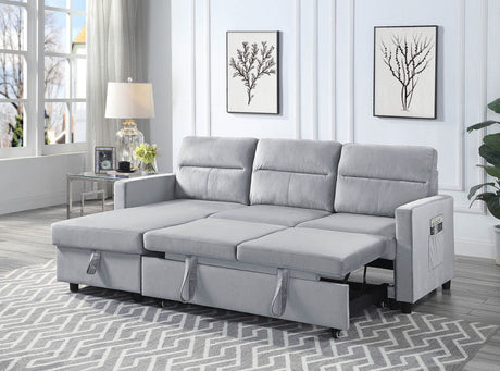 Ruby - Velvet Reversible Sleeper Sofa With Storage Chaise And Side Pocket - Light Gray