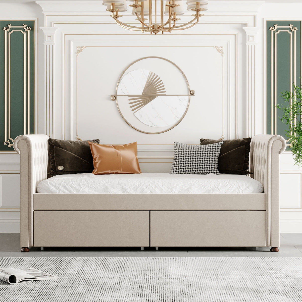 Upholstered Daybed With Drawers, Wood Slat Support