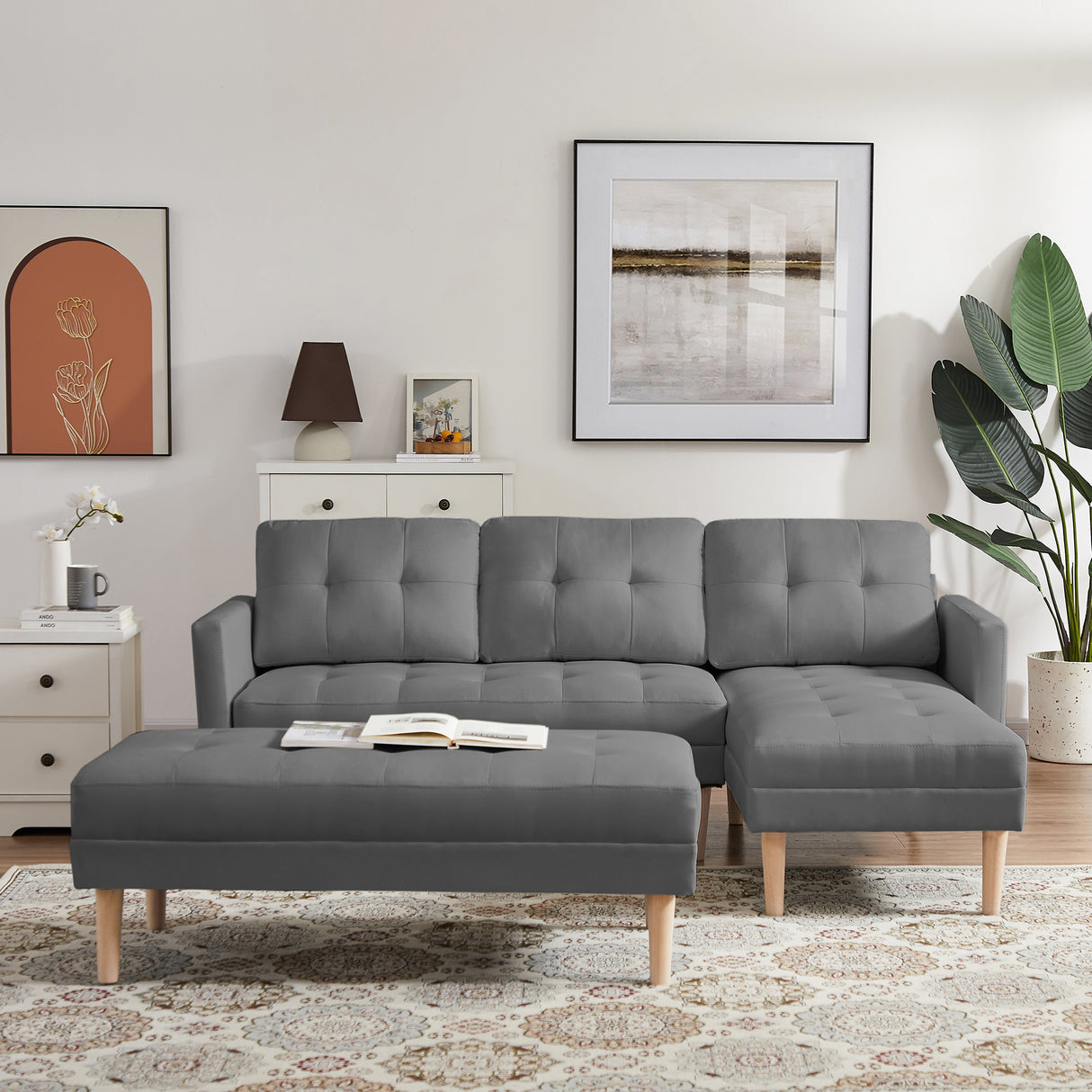 Sofa Chaise with Ottoman - Gray