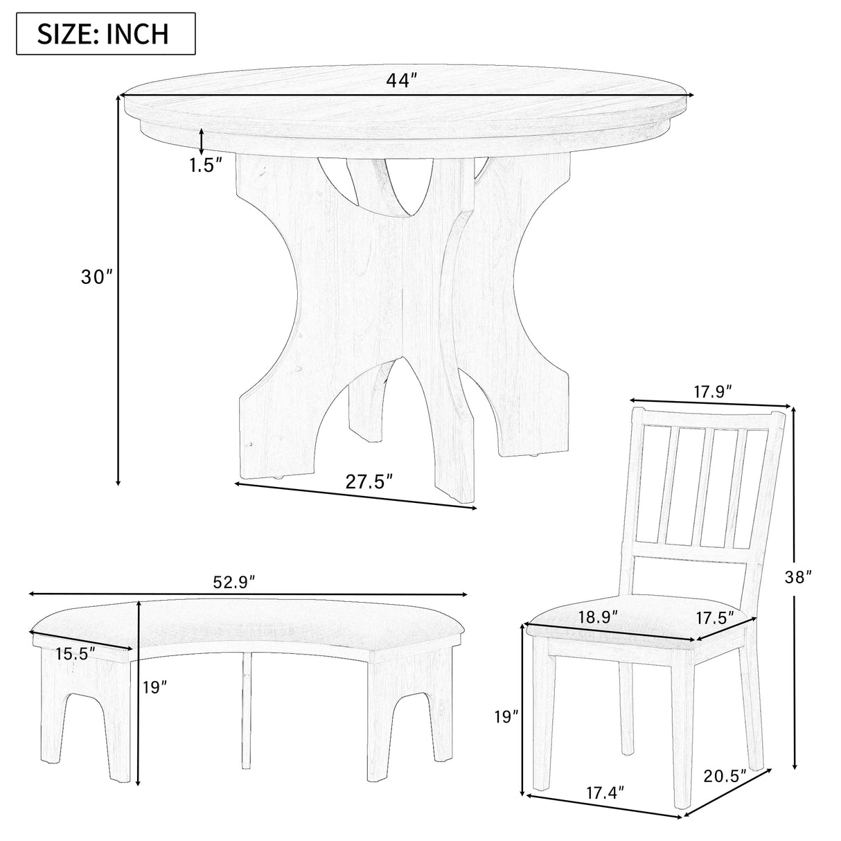 TREXM 5-Piece Dining Set with Curved Bench  and Side Chairs (Natural Wood Wash)