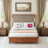 Queen Size Platform Bed With Upholstered Headboard, Charging Station, LED Lights and Wood Slats, No Box Spring Needed - Gray / Dark Brown