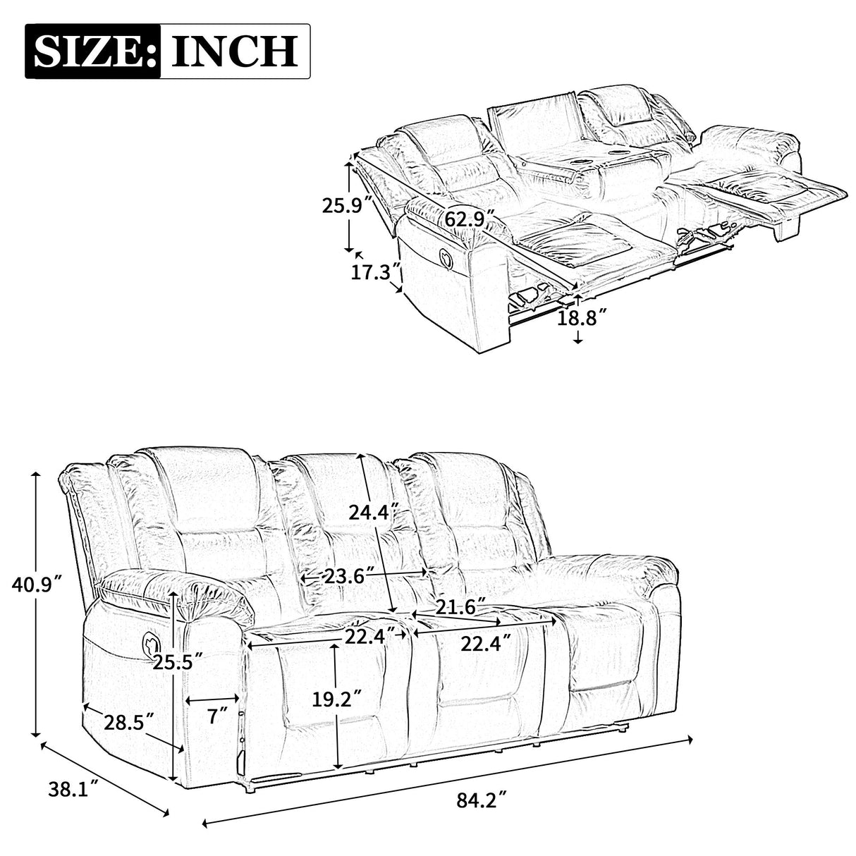 3 Seater Home Theater Recliner Manual Recliner Chair With Two Built-In Cup Holders For Living Room