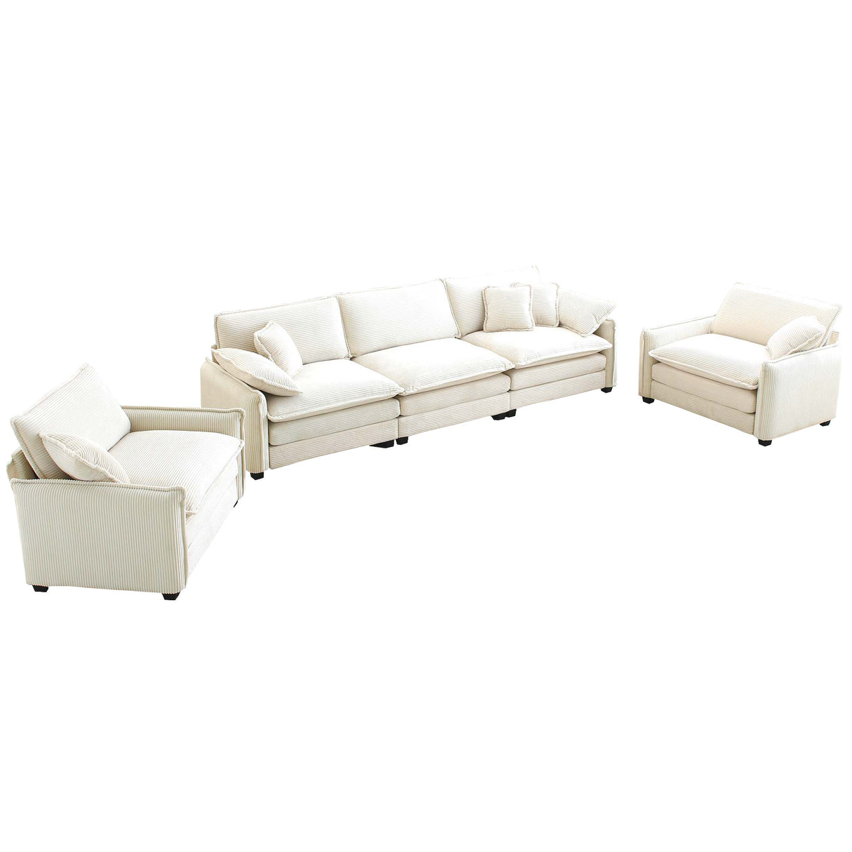 3 Piece Living Room Set with Soft Cushions and Pillows in Corduroy Fabric - Off White