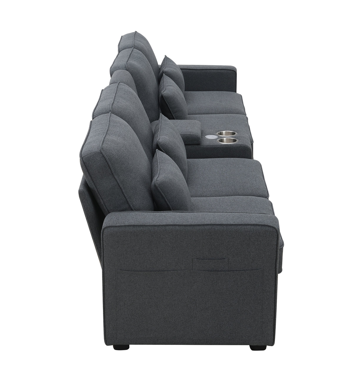 114.2" Upholstered Sofa with Console, 2 Cupholders, 2 USB Ports for Wired or Wireless Charge with 4 Pillows - Charcoal Gray