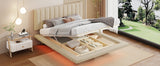 Queen Size Upholstered Floating Bed with LED Light and USB Port - Velvet Beige