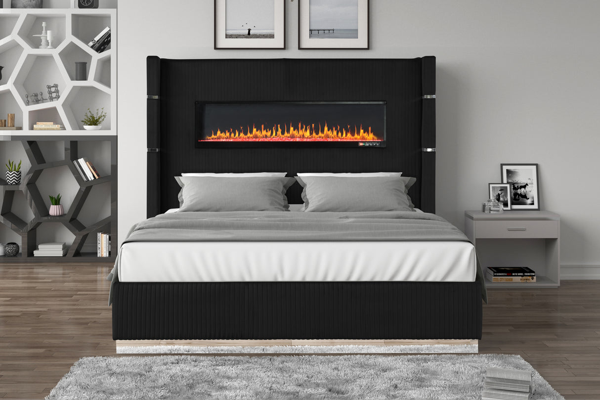 Upholstered Queen Bed with Fireplace in Black Velvet Finish