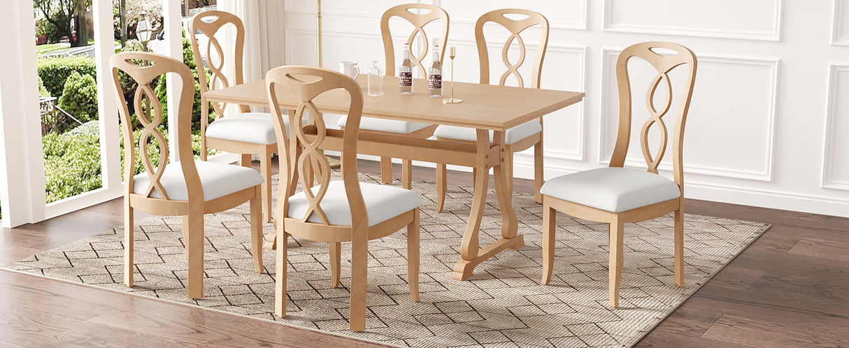 7-Piece Trestle Dining Room Set with Upholstered Dining Chairs - Natural Wood