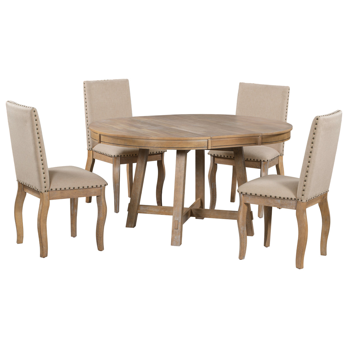 5-Piece Farmhouse Dining Table Room Set With Round Extendable Table and 4 Upholstered Dining Chairs (Natural Wood Wash)