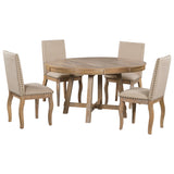 5-Piece Farmhouse Dining Table Room Set With Round Extendable Table and 4 Upholstered Dining Chairs (Natural Wood Wash)