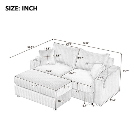 72.8" Modern Style Loveseat with Storage Space, Movable Ottoman, Two USB Ports, Two Cup Holders and Phone Holder - Gray