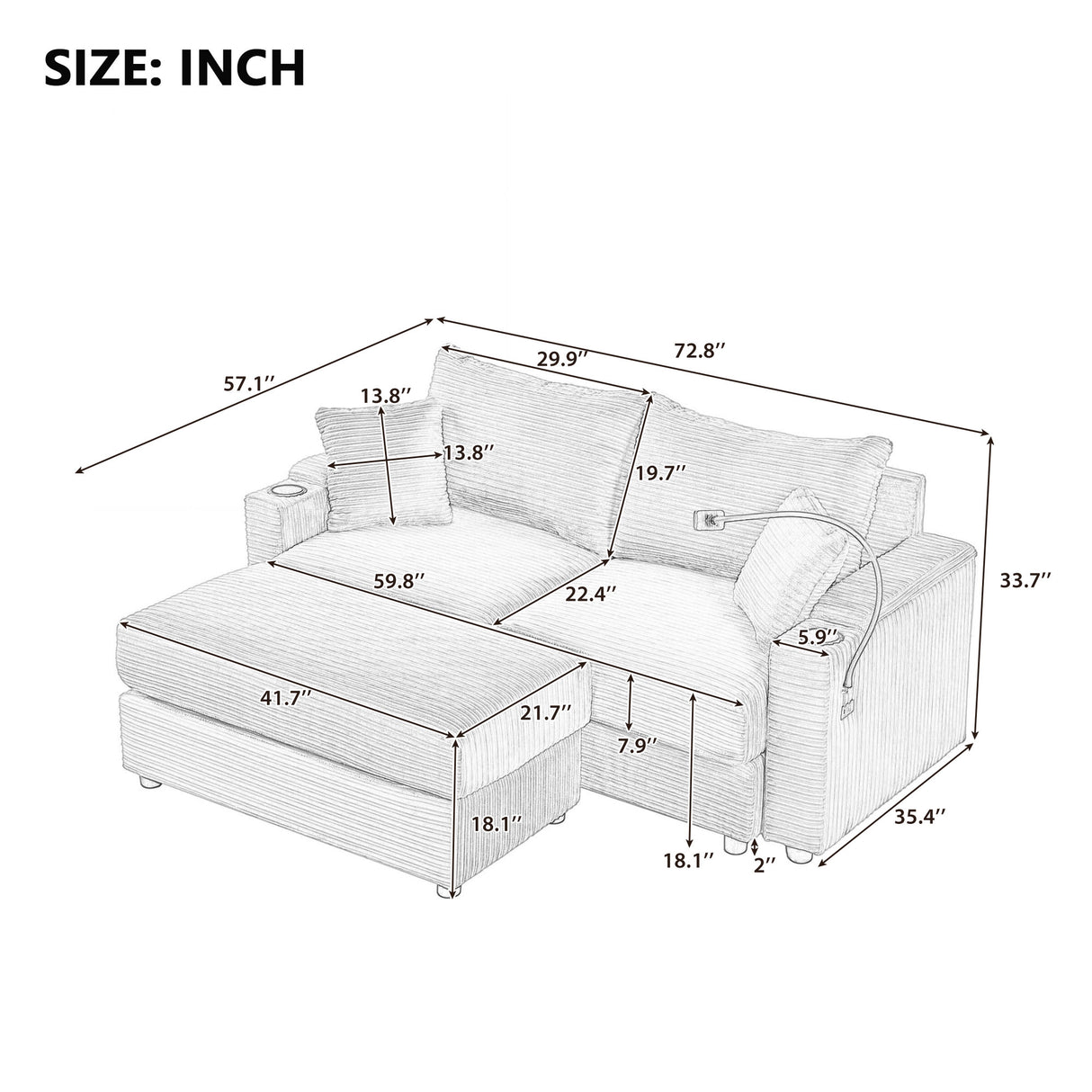 72.8" Modern Style Loveseat with Storage Space, Movable Ottoman, Two USB Ports, Two Cup Holders and Phone Holder - Green