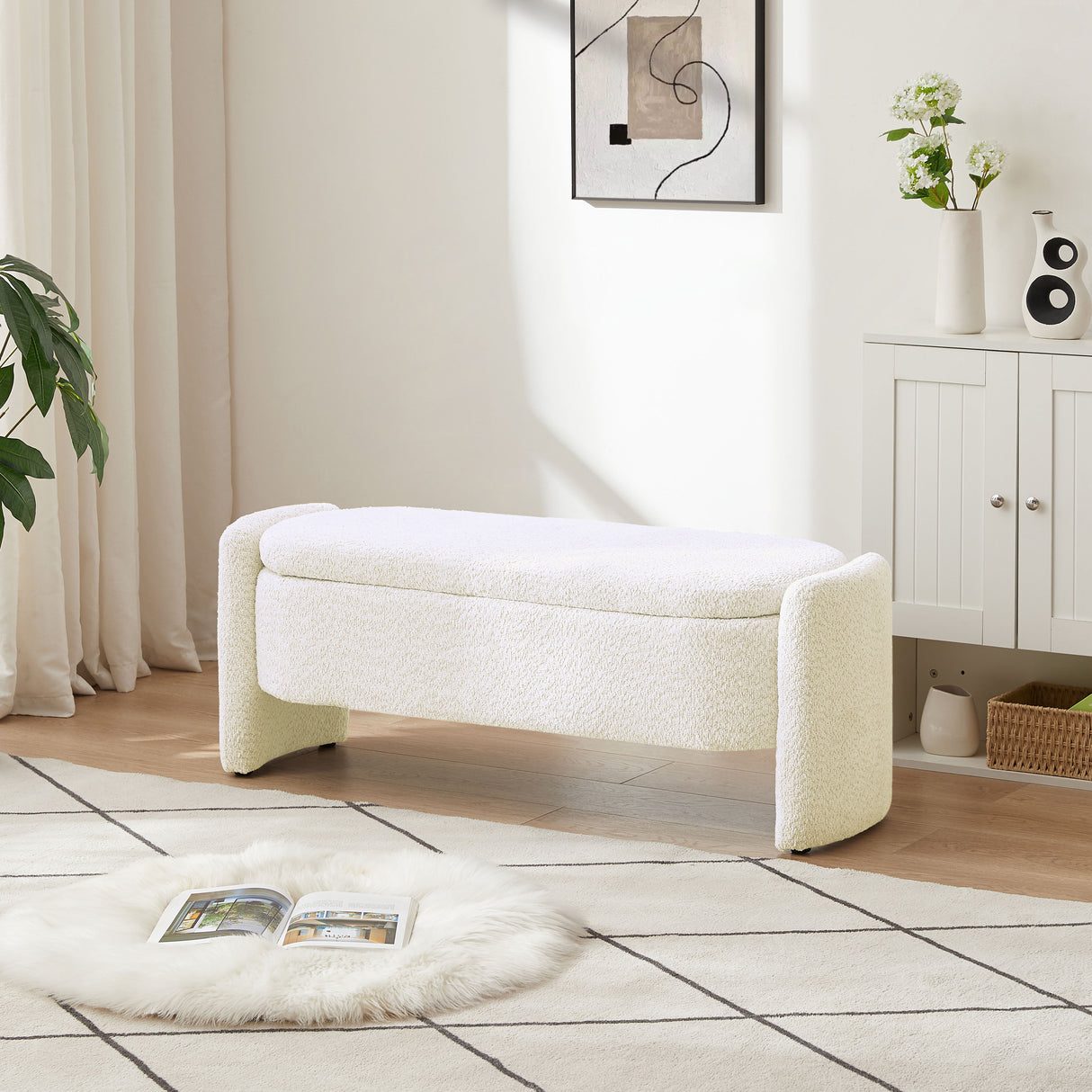 Ottoman Oval Storage Bench, 3D Lamb Fleece Bench With Large Storage Space For The Living Room, Entryway And Bedroom