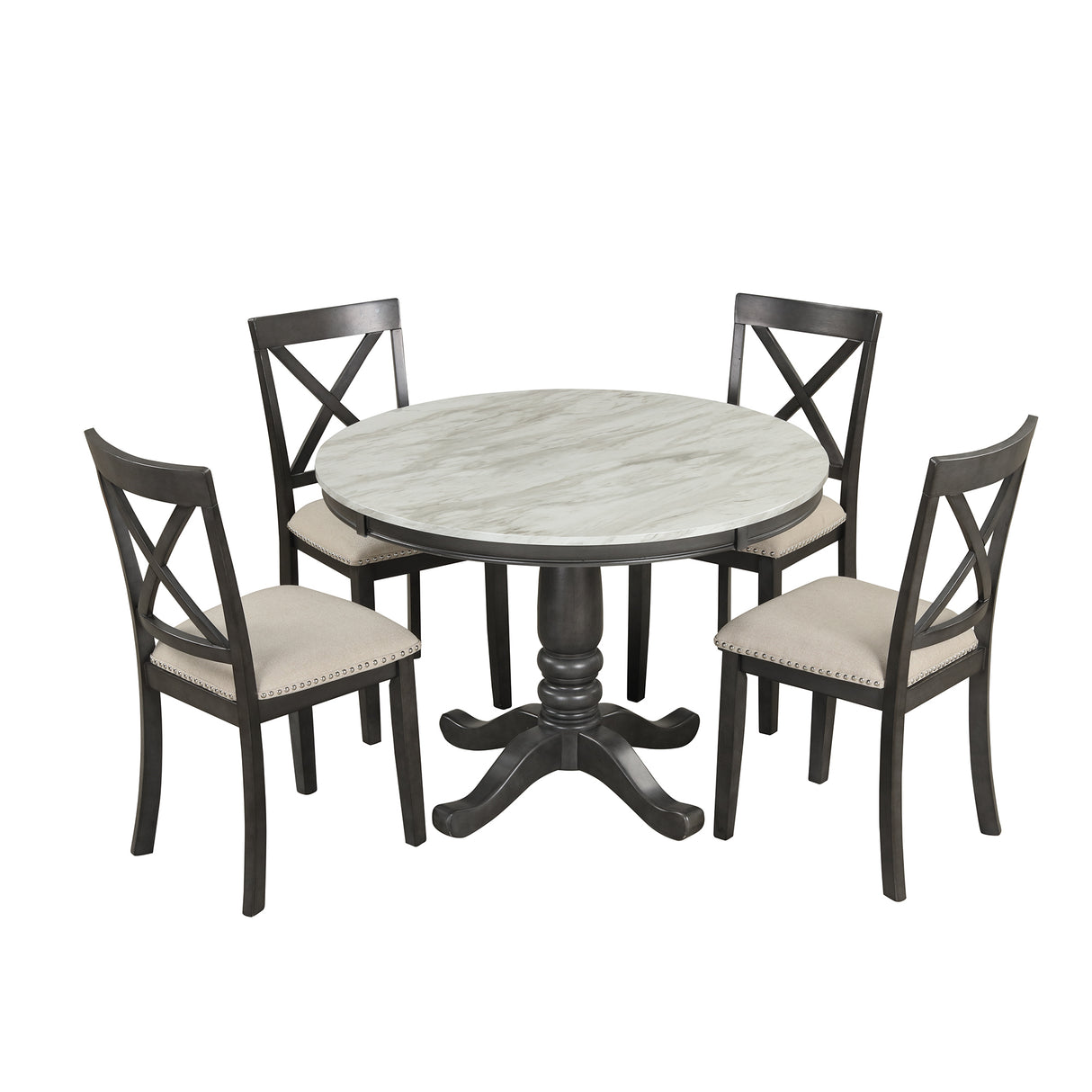 5 Piece Dining Set with Upholstered chairs - Brown/White