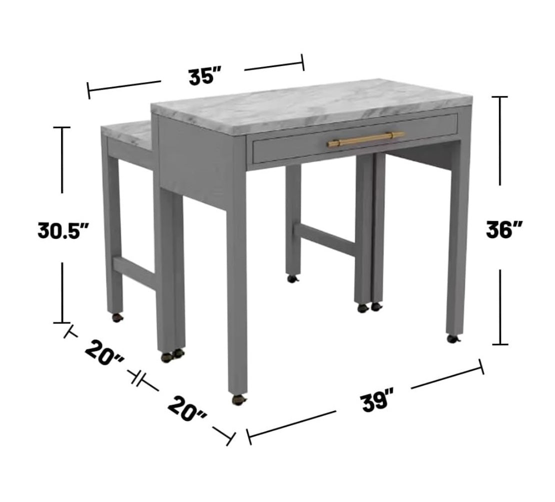 Faux marble Light Gray Counter Height Table with Extension, Drawer and 2 Nested Stools