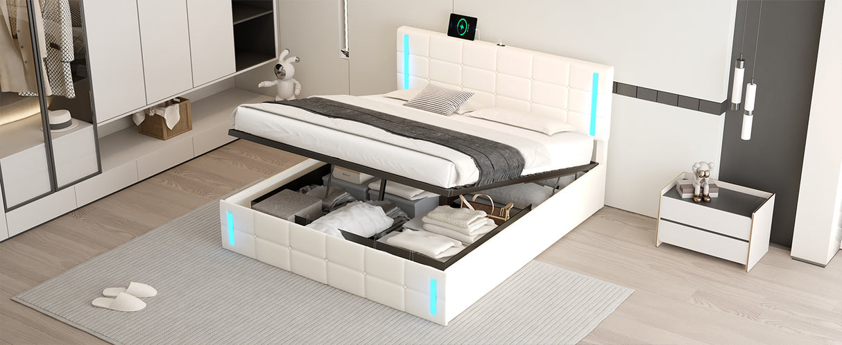 Queen Size Upholstered Bed with LED Lights, Hydraulic Storage System and USB Charging Station,White