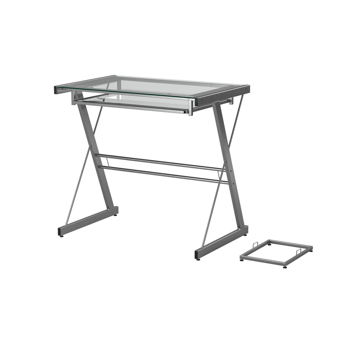 Modern Metal And Glass Computer Desk With Keyboard Tray - Silver