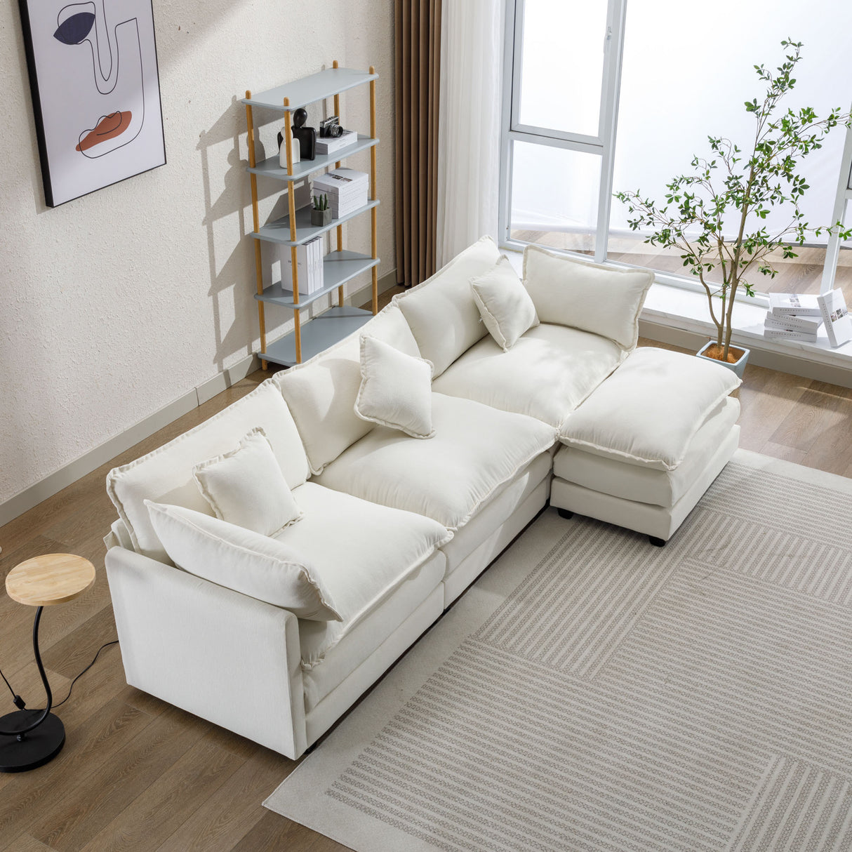 112.2" Chenille Upholstered Sofa with Ottoman and 5 Pillows - Off White