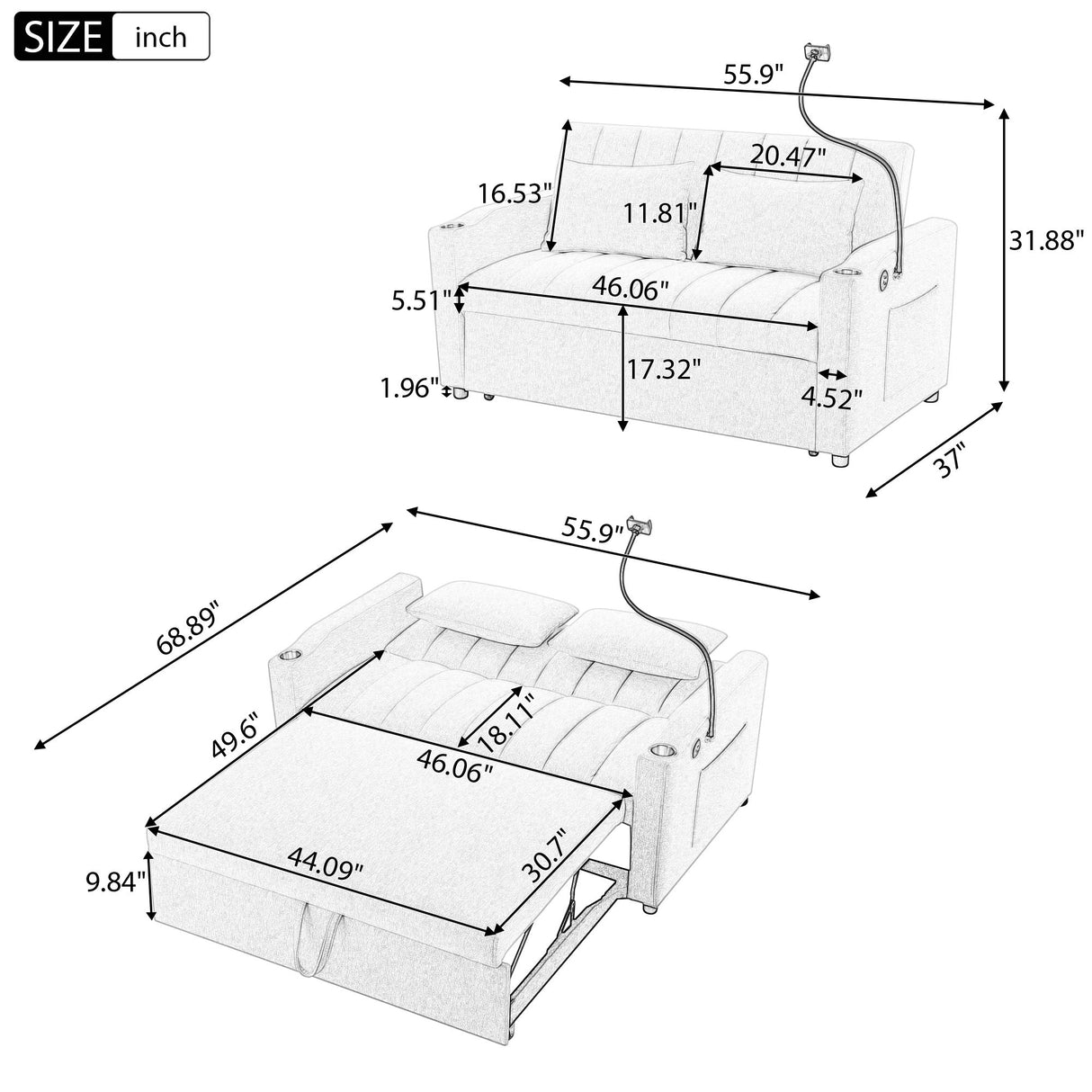 Convertible Sofa Bed Loveseat Sofa With Three USB Ports, Two Side Pockets, Two Cup Holders And 360° swivel Phone Holder For Living Room