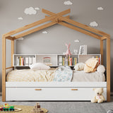 Twin House Bed WithTrundle And Bookshelf - White