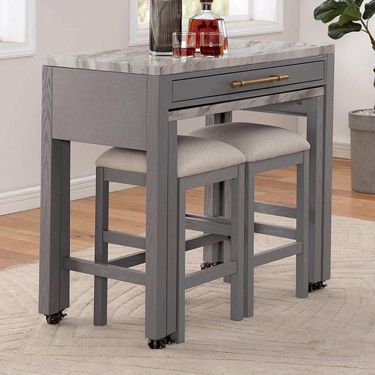 Faux marble Light Gray Counter Height Table with Extension, Drawer and 2 Nested Stools