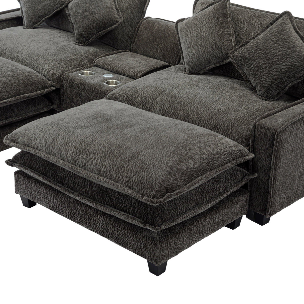 112.6" Chenille Upholstered Sofa with Two Ottomans, Two USB Ports, Two Cup Holders and Large Storage Box -Dark Gray