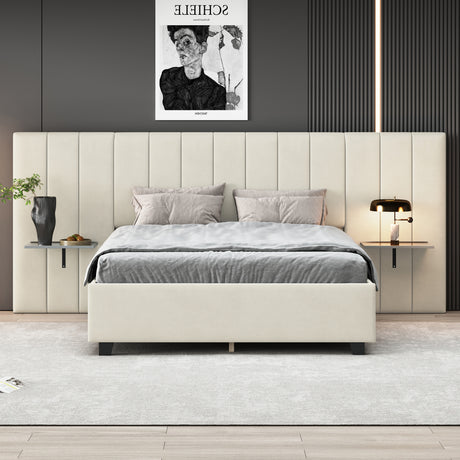 Queen Size Upholstered Platform Bed with Tall Headboard, Beige