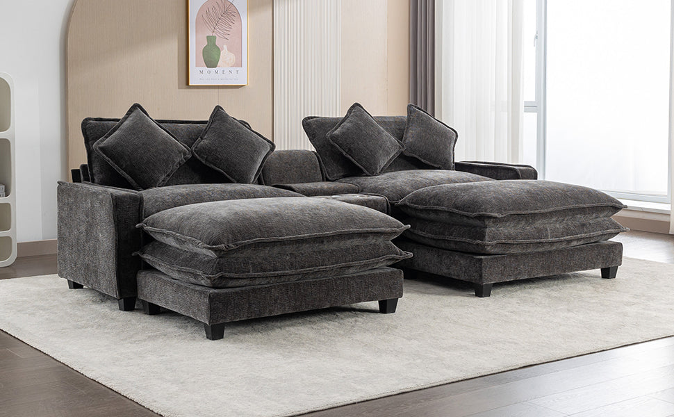 112.6" Chenille Upholstered Sofa with Two Ottomans, Two USB Ports, Two Cup Holders and Large Storage Box -Dark Gray