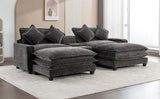 112.6" Chenille Upholstered Sofa with Two Ottomans, Two USB Ports, Two Cup Holders and Large Storage Box -Dark Gray