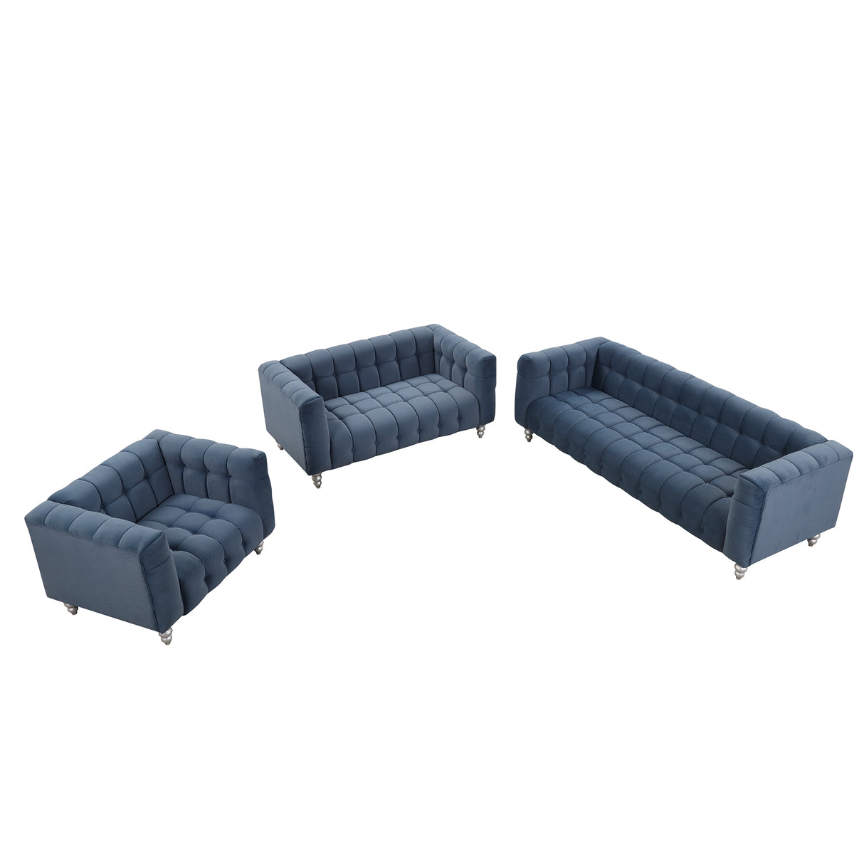 Modern 3-Living Room Set Including Sofa, love seat and Chair with solid wood legs, buttoned tufted backrest - Blue