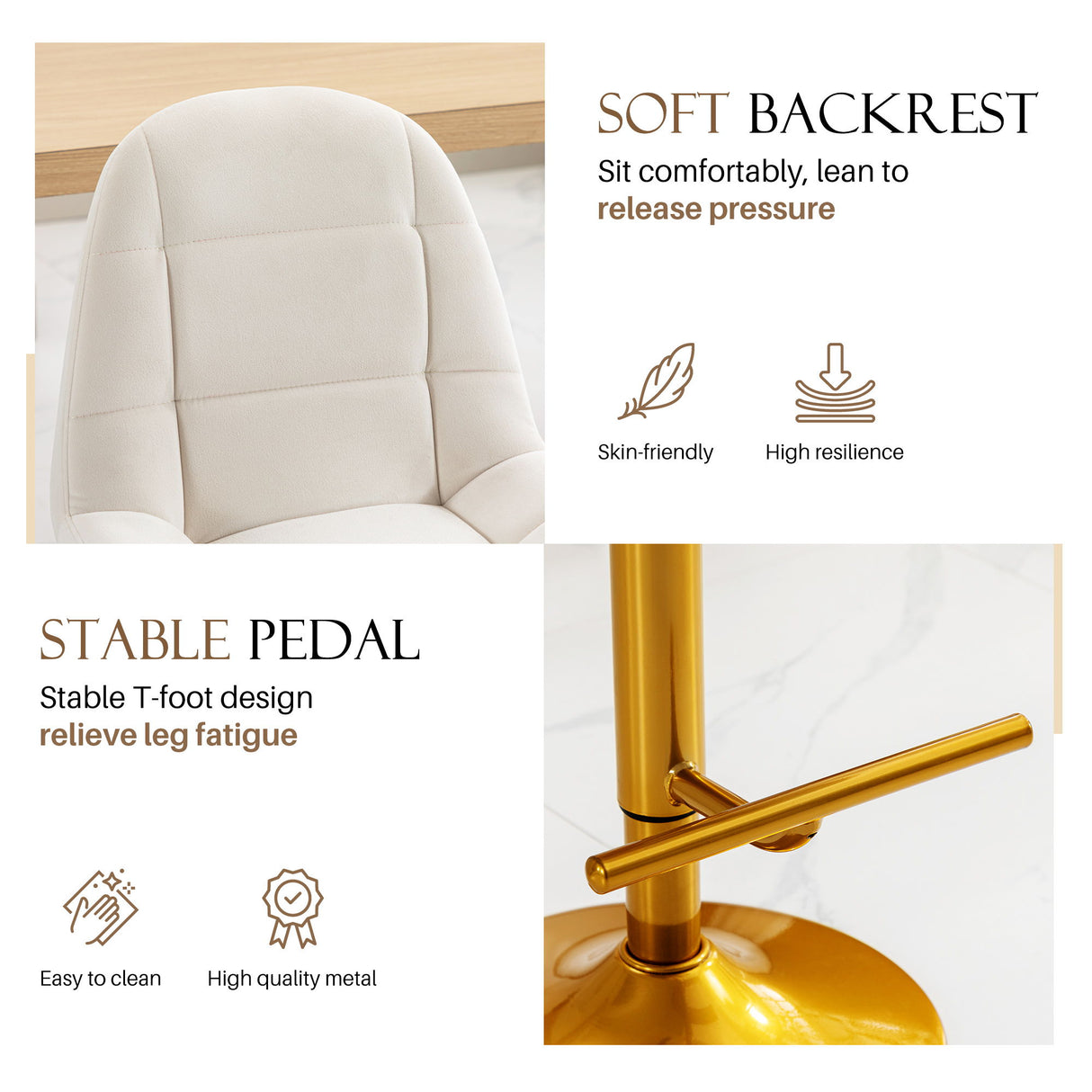 Velvet Swivel Adjustable Height Bar Stool With Gold Base (Set of 2) - White