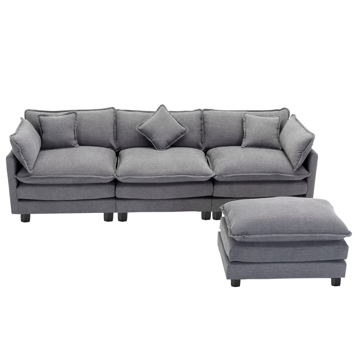 112.2" Chenille Upholstered Sofa with Ottoman and 5 Pillows - Gray