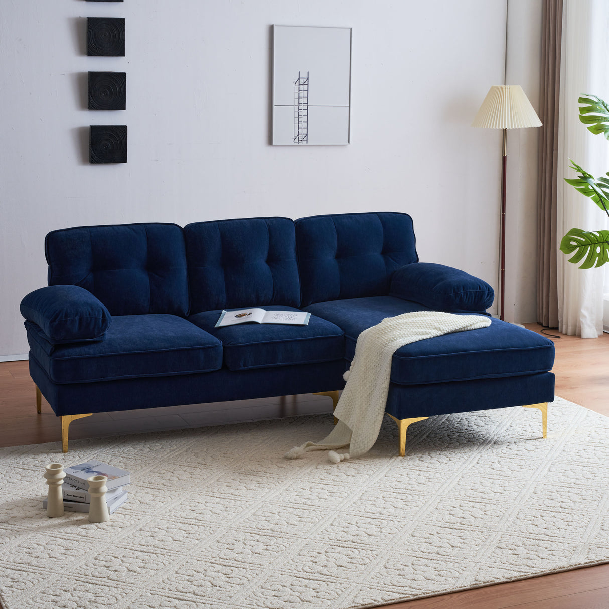 83" Modern Velvet Sofa Chaise - Blue