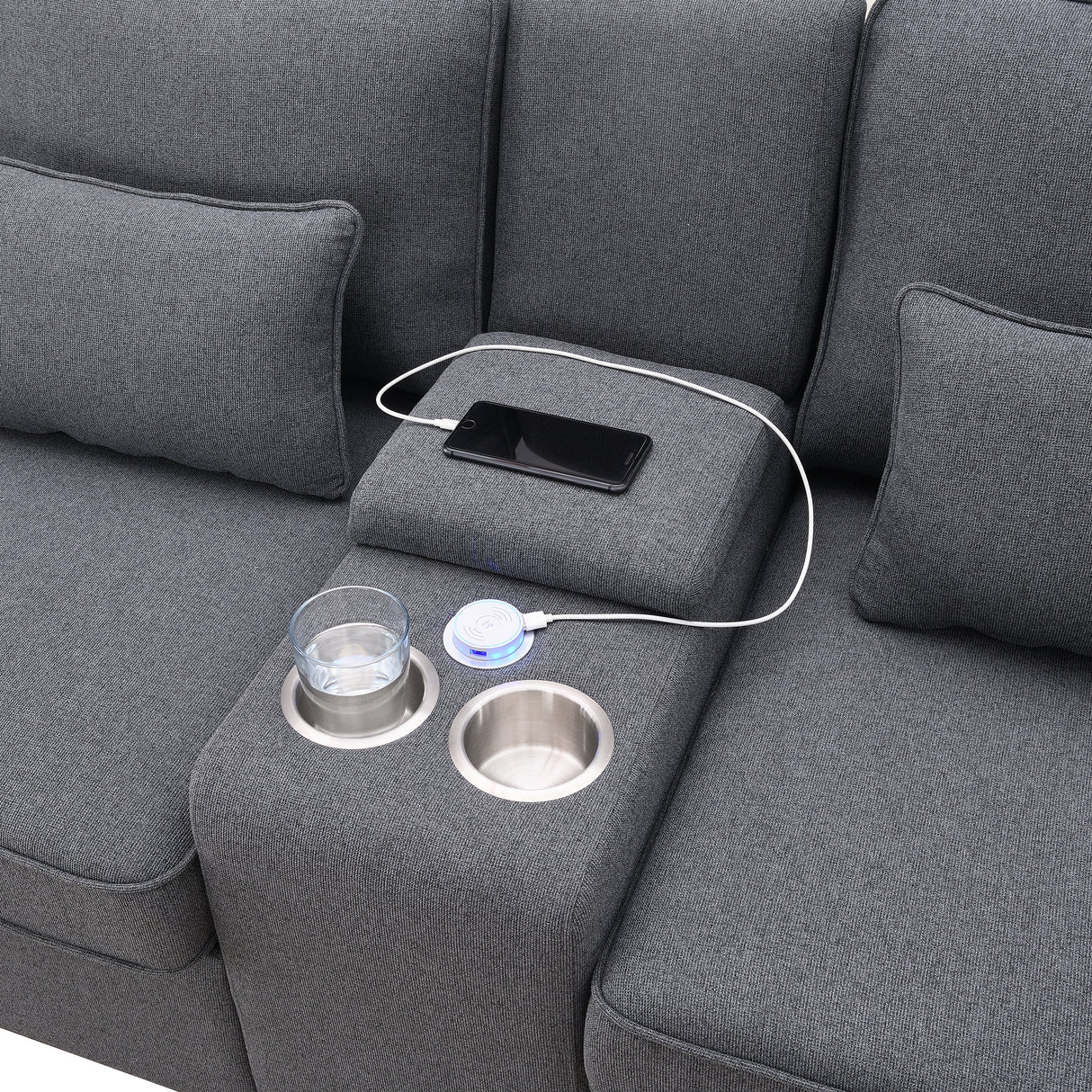 114.2" Upholstered Sofa with Console, 2 Cupholders, 2 USB Ports for Wired or Wireless Charge with 4 Pillows - Charcoal Gray