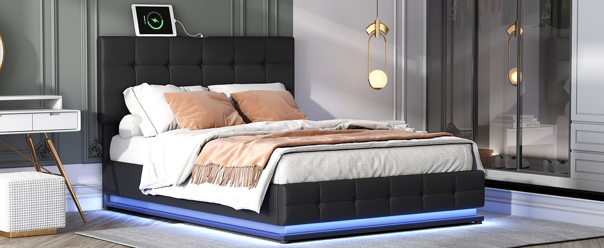 Queen Tufted Upholstered Platform Bed with Hydraulic Storage System with LED Lights and USB charger, Black