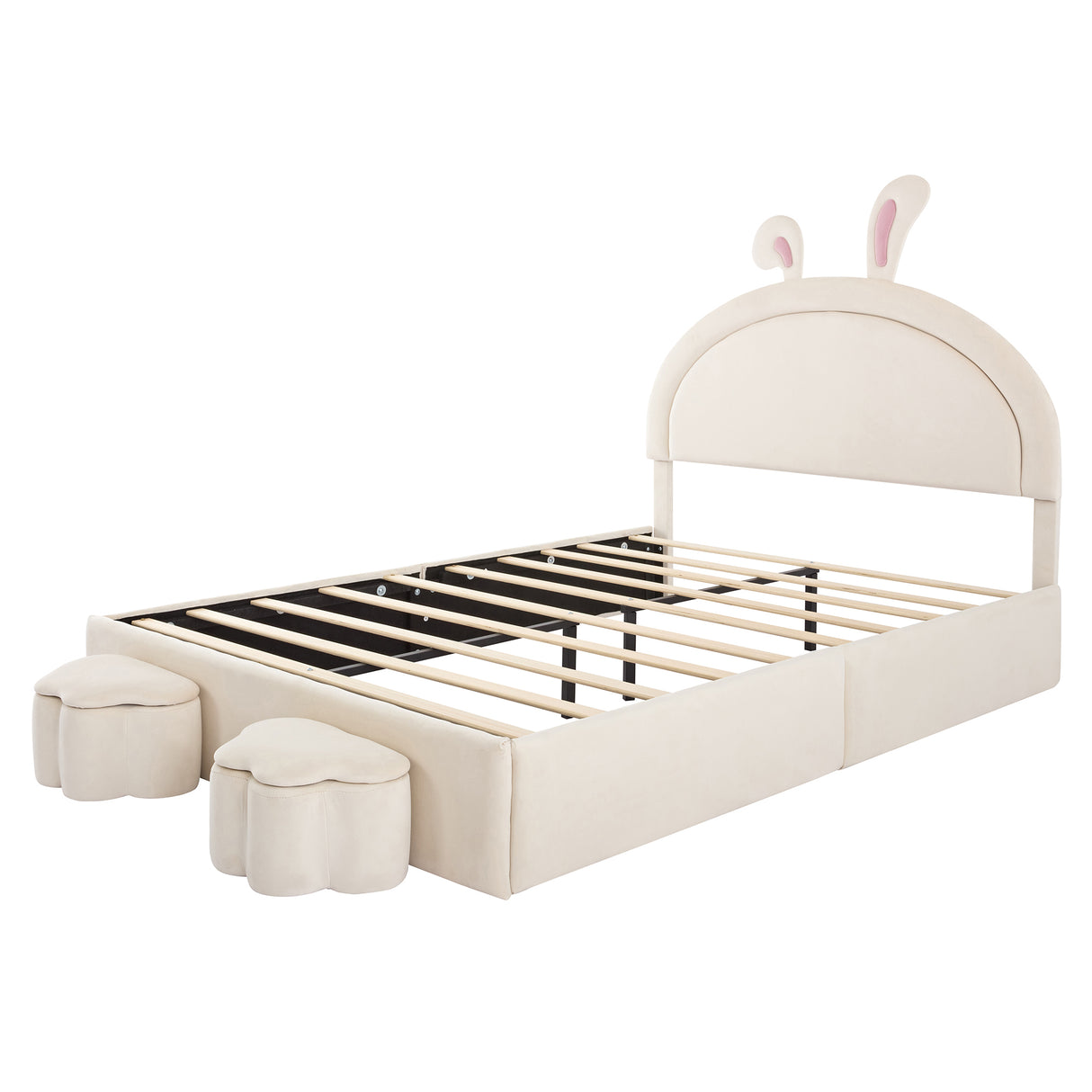 Full size Upholstered Rabbit-Shape Bed with 2 Storage Stools and Cartoon Ears Shaped Headboard, White