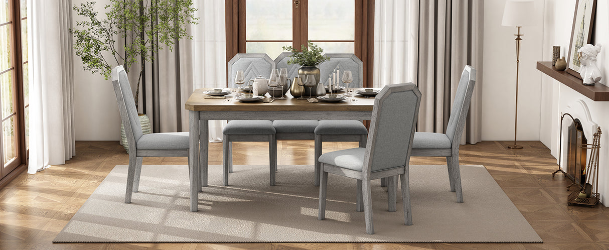 TREXM 7-Piece Farmhouse Dining Set With 6 high-back Chairs (Brown+Gray)