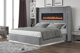 Upholstered Queen Bed with Fireplace in Gray Velvet Finish