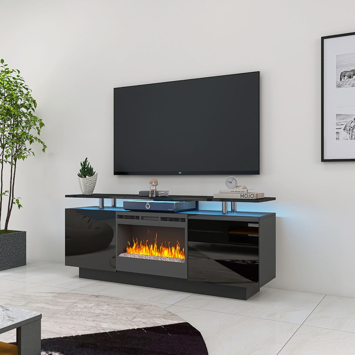 Large TV Stand With Fireplace and LED Light - Black