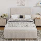 King Size Corduroy Upholstered Bed With 130L Storage Ottoman -  Light Grey