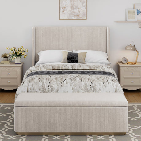 King Size Corduroy Upholstered Bed With 130L Storage Ottoman -  Light Grey