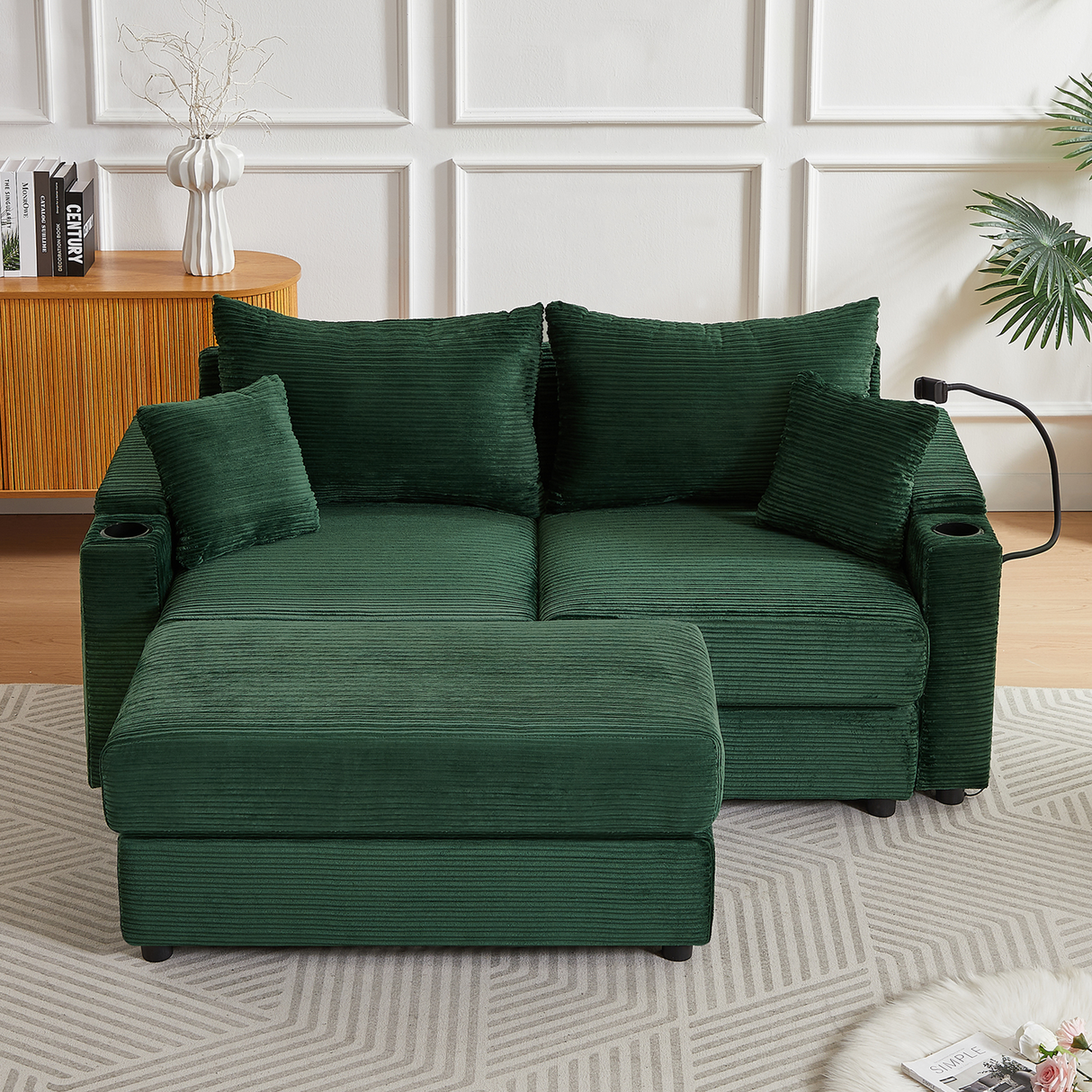 72.8" Modern Style Loveseat with Storage Space, Movable Ottoman, Two USB Ports, Two Cup Holders and Phone Holder - Green