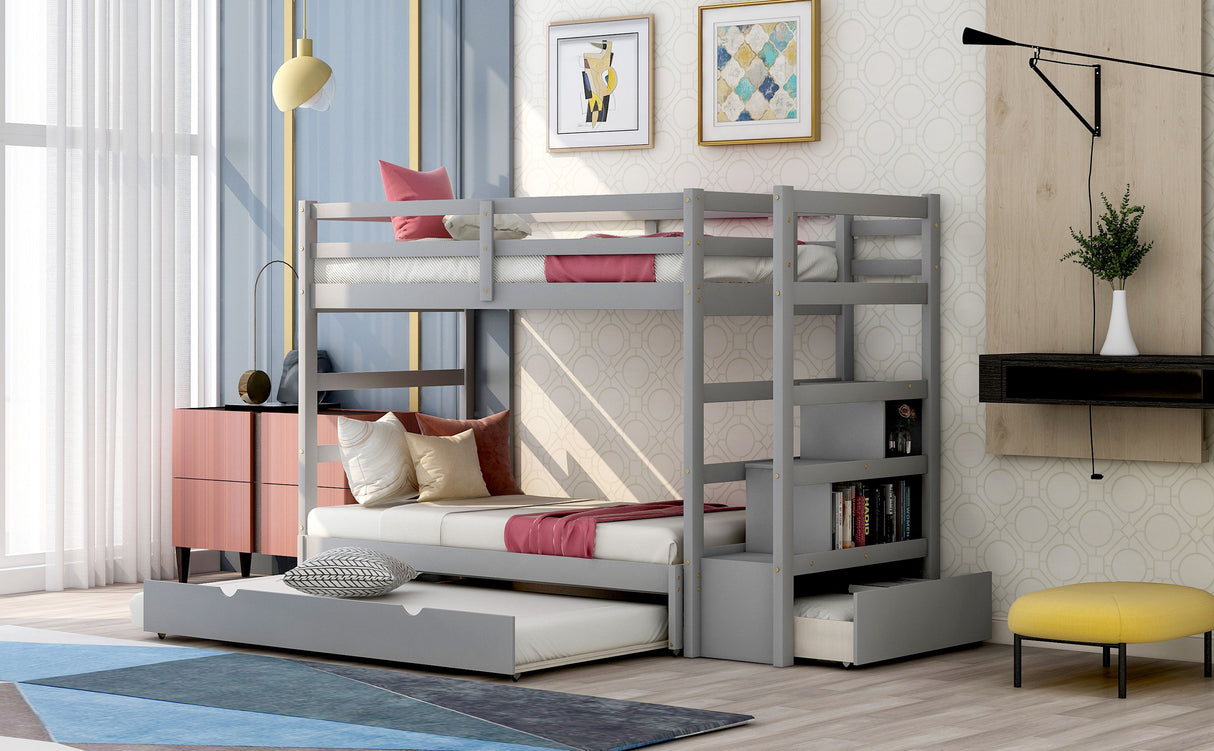 Twin Over Twin Bunk Bed With Twin Size Trundle - Gray