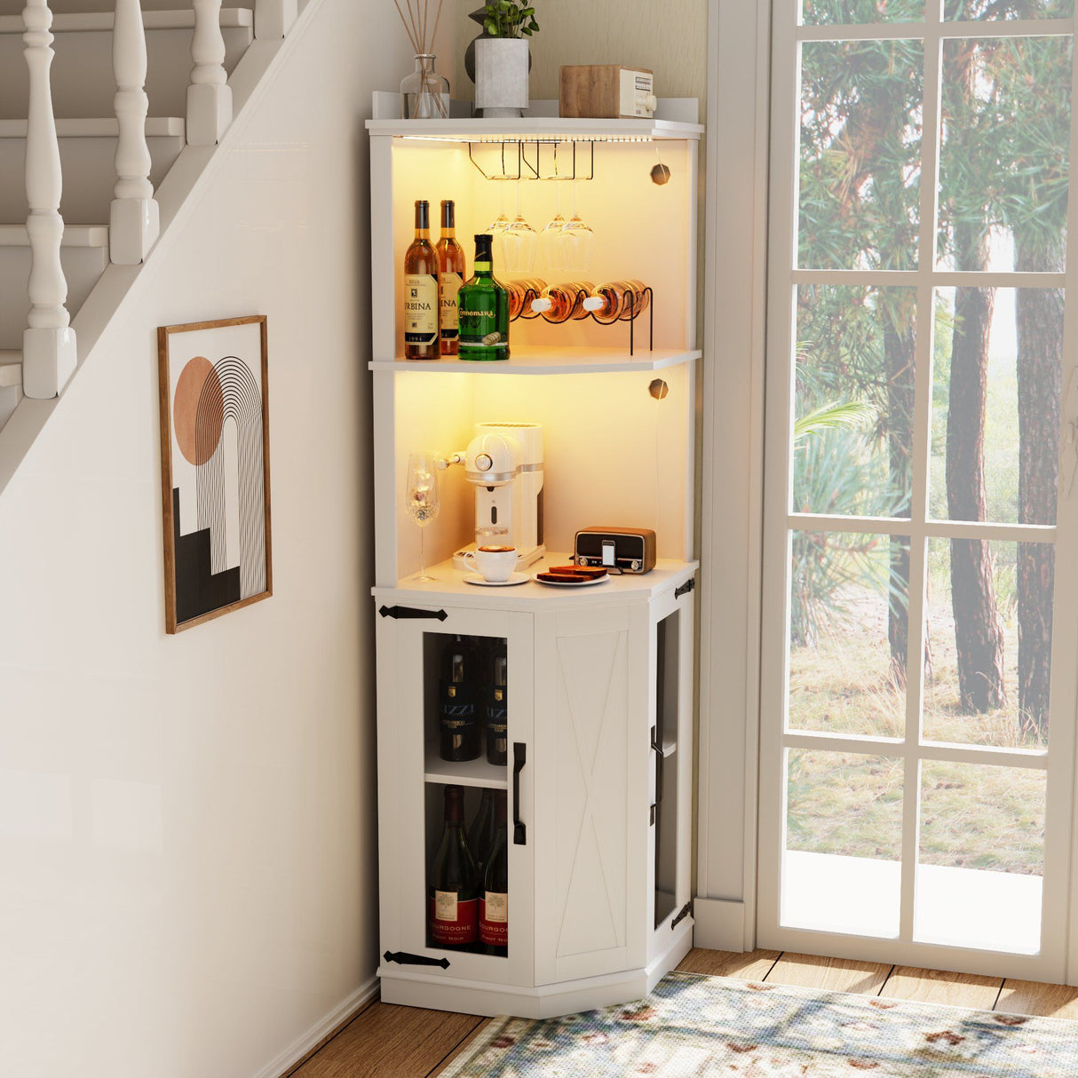 Corner Bar Cabinet With Power Outlet, Adjustable Shelves With Lights and Glass Rack - White