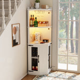 Corner Bar Cabinet With Power Outlet, Adjustable Shelves With Lights and Glass Rack - White