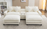 112.6" Chenille Upholstered Sofa with Two Ottomans, Two USB Ports, Two Cup Holders and Large Storage Box - Beige