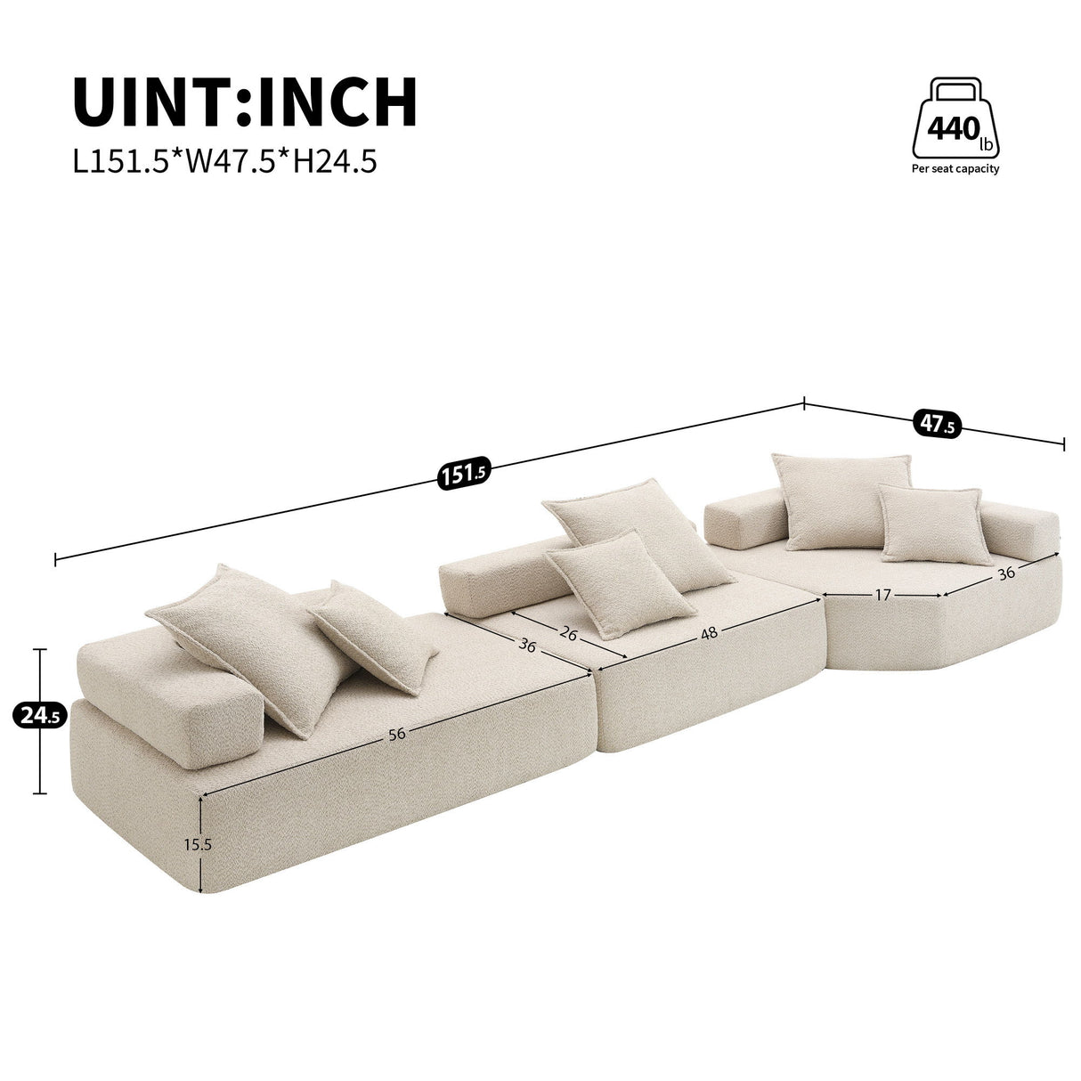 151.5" Oversized Modular Sectional Sofa - Beige