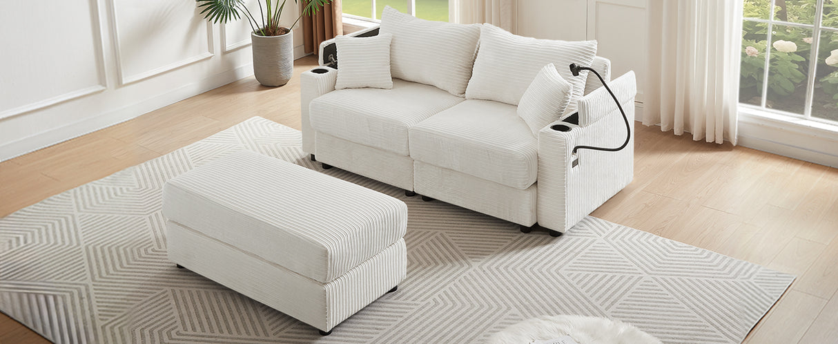 72.8" Modern Style Loveseat with Storage Space, Movable Ottoman, Two USB Ports, Two Cup Holders and Phone Holder - Beige