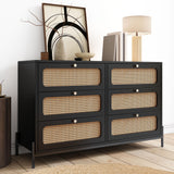 Modern Cannage Rattan Wood Closet 6 Drawer Dresser Wood Storage Cabinet Sideboard For Bedroom, Living Room, Entryway, Hallway